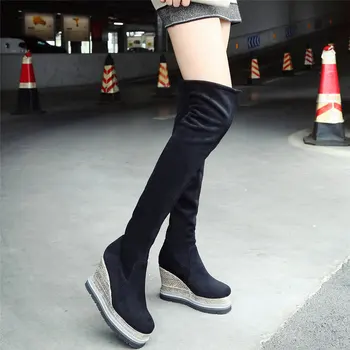 

Women Cow Leather Wedges High Heel Stretchy Over The Knee High Boots Female Slim Leg Fashion Sneakers Long Platform Pumps Shoes