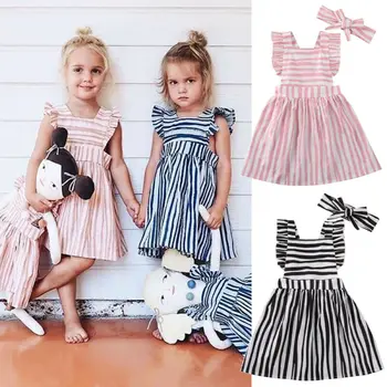 

1-6T Cute Kids Baby Girls Black Pink Striped Summer Dress+Headband Casual Princess Dress For Girls Party Clothes Kids Dress