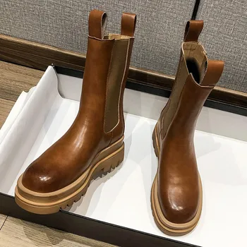 

2020 Luxury Chelsea Boots Women Platform Ladies Boot Chunky Winter Shoes Short Ankle Boots Thick Heel Genuine Leather Retro Shoe