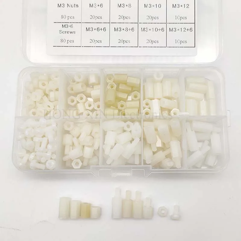 300pcs M3 Nylon Screw Black Hex Screw Nut Spacer Stand-off Varied Length Assortment Kit Box