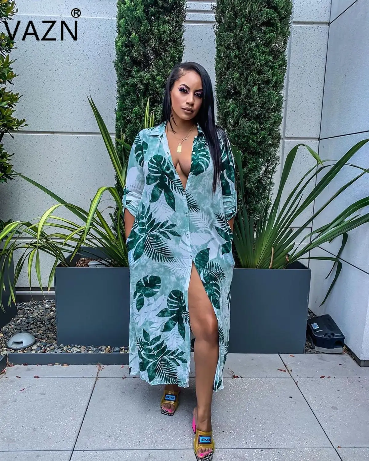 

VAZN 2019 Summer Suits Untidy Mature Sexy Wind Leaf Print Half Sleeve Chiffon Vacation Straight Maxi Dress For Women JLY1881