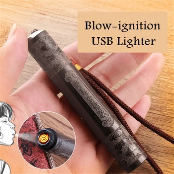

Vintage Wooden Air Blowing Cigarette Lighter Engraving Purple Sandalwood Tungsten wire Electronic Lighter USB Charging Lighters