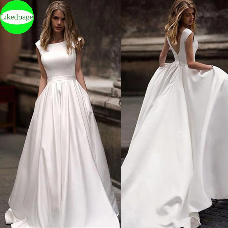 Abito Da Sposa Manica A Cappuccio Simple Abiti Da Sposa 2021Satin A Line Abito Da Sposa Robe Mariage Abito Da Sposa Con Tasche Cintura