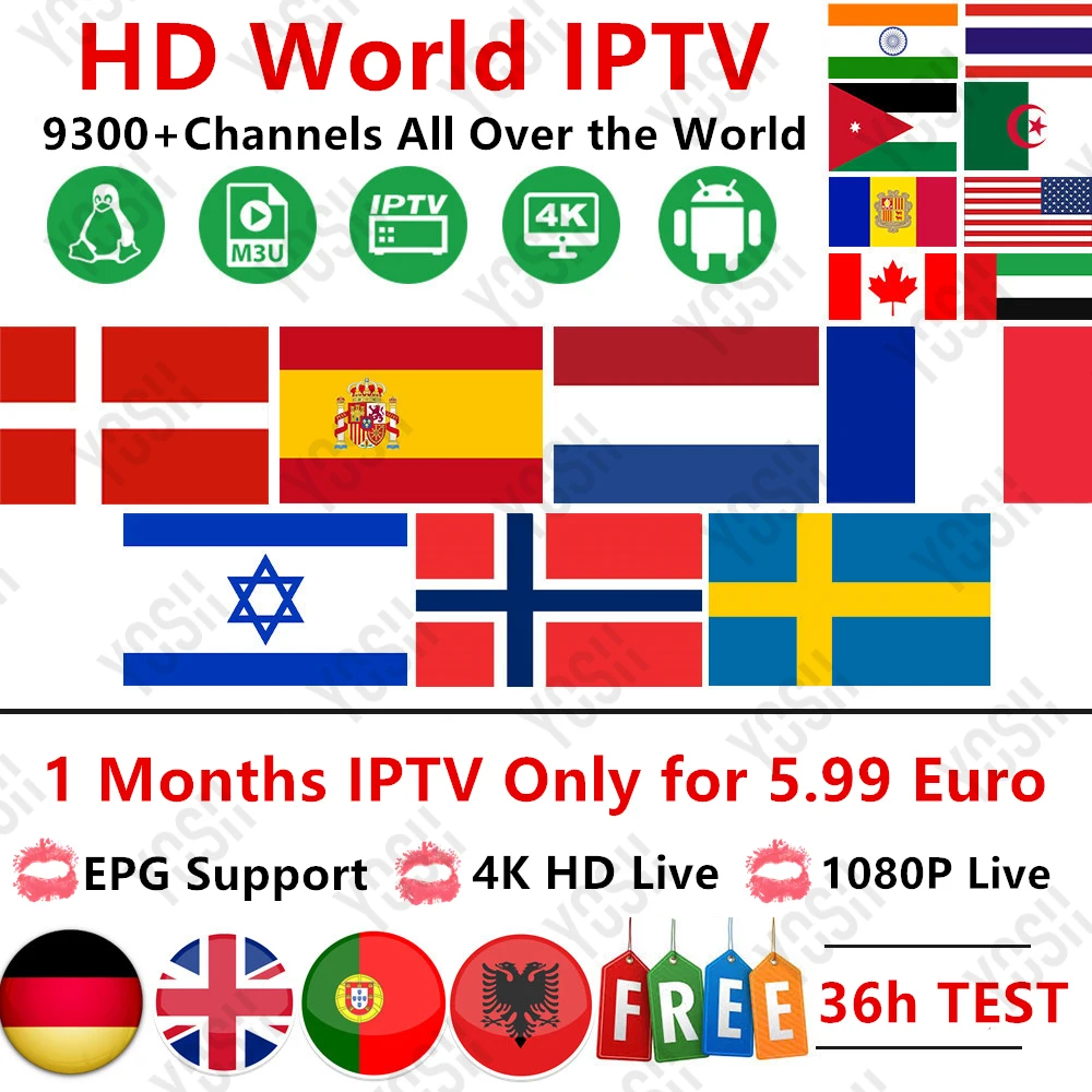

World IPTV 9300+ HD live android tv 1 year Subscription Netherlands Arabic France Sweden uk USA Dutch iptv m3u for Smart Tv BOX