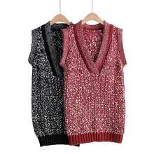 Пуловер осень весна женский свитер жилет Повседневный вязаный v-образный вырез без рукавов Длинный Теплый однотонный пуловер женские свитера