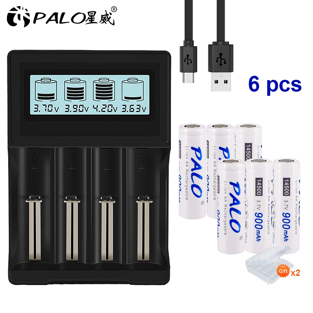 PALO 3,7 V Батарея 18650 зарядное устройство для 18650 26650 16340 14500 литиевая батарея+ 14500 литий-ионный аккумулятор Перезаряжаемые Батарея - Цвет: 6pcs and charger