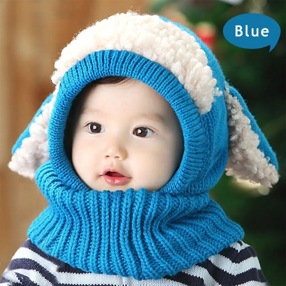 Blue Новинка; зимняя теплая вязаная накидка для маленьких девочек и мальчиков с милой собачкой; шапка бини с капюшоном; комплект с шарфом - Цвет: Blue