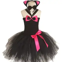 Маскарадный костюм черного кота для маленьких девочек; Пышное фатиновое платье-пачка длиной до колена; повязка на голову с ушками и бантом;
