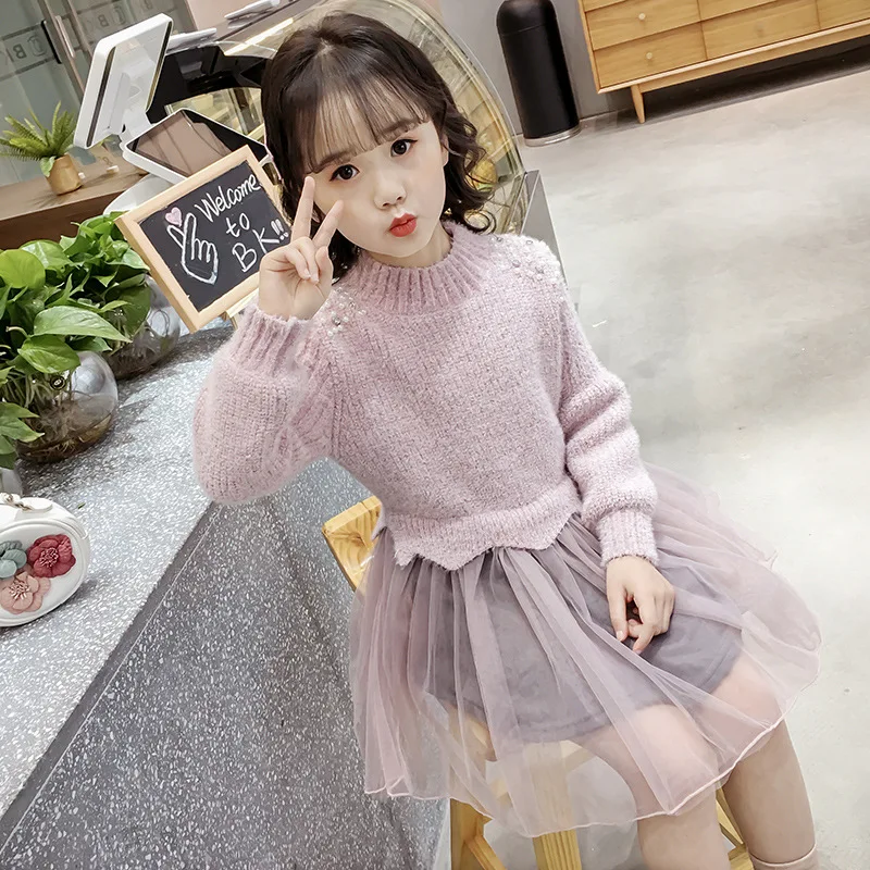 

Winter Girls Sweater Skirt Kids Clothing Baby Girl Pearl Cotton Sweater Children Clothes Lace Skirt Girls Tracksuits Outerwear