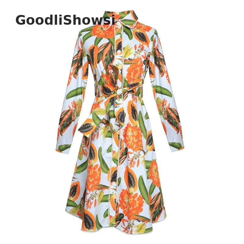 GoodliShowsi Гавайское платье для отдыха с фруктовым принтом, с отложным воротником, с длинным рукавом, однобортное, милое женское платье-рубашка с поясом