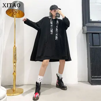 

XITAO Drawstring Plus Size Dress Women Black Pleated Pullover 2020 Spring Pocket Hooded Collar Elegant Minority Dress GCC1427