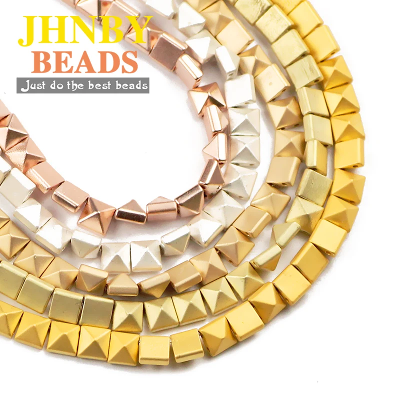 

JHNBY Matte Square Pyramid Gold Hematite Natural Stone 6mm Spacer Loose Beads For Jewelry Making Diy bracelet Findings two holes