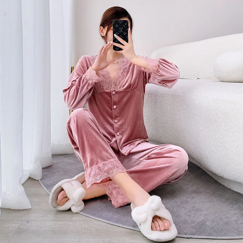2 PCS Sleep Sets Velour Pajamas With Trousers For Women V-neck