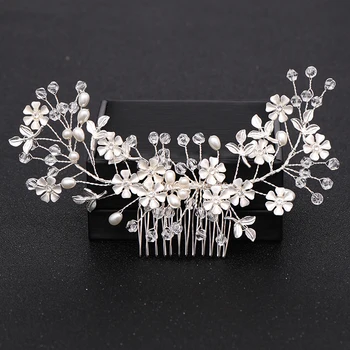 Silver Color Pearl Crystal Wedding Hair Combs Hair Accessories for Bridal Flower Headpiece Women Bride Hair ornaments Jewelry 6