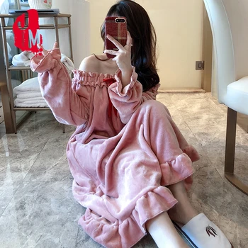 

Sleepwear Women Cotton Winter Flannel One Word Collar Solid Pyjamas Warm Women Flannel Coral Fleece Winter Plus Size Sexy S XL
