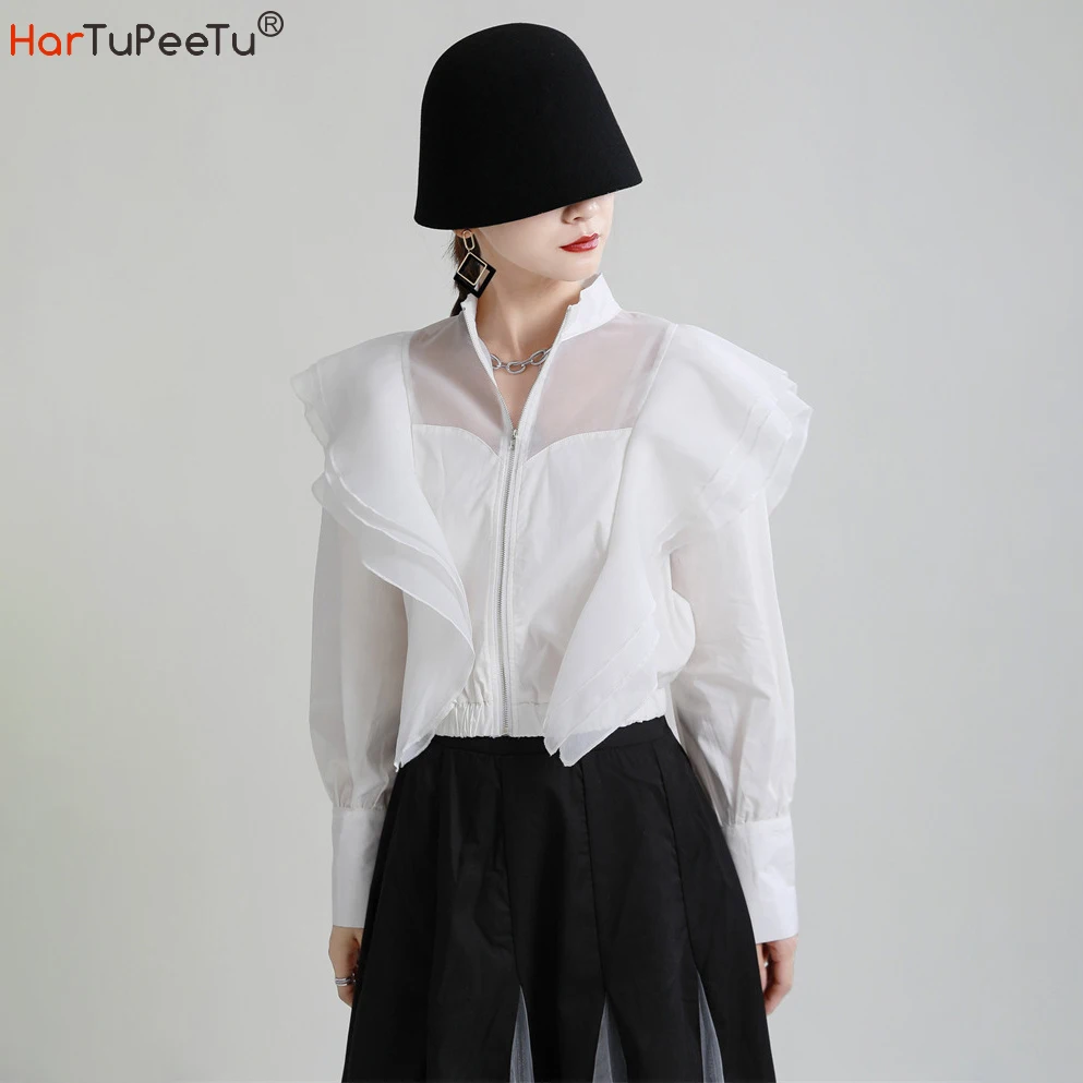 2021 Autumn Women Short Jacket Black White Patchwork Layered Ruffles Stand Collar Long Sleeve Coat Zipper Crop Tops Outwear