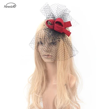 

Fashion Lady Women Veil Fascinator Ascot Cocktail Party Wine Red Bow Lace Hair Clip Fancy Headdress Hairpiece Headwear Accessory
