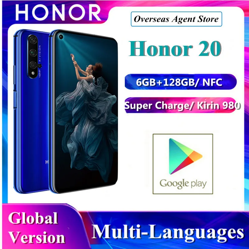 В наличии Honor 20 Huawei оригинальная глобальная версия смартфон 6 ГБ + 128 Гб Kirin 980 Octa