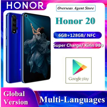 Перейти на Алиэкспресс и купить В наличии Honor 20 Huawei оригинальная глобальная версия смартфона 6 ГБ + 128 Гб Kirin 980 Octa Four Camera Super Charge мобильный телефон