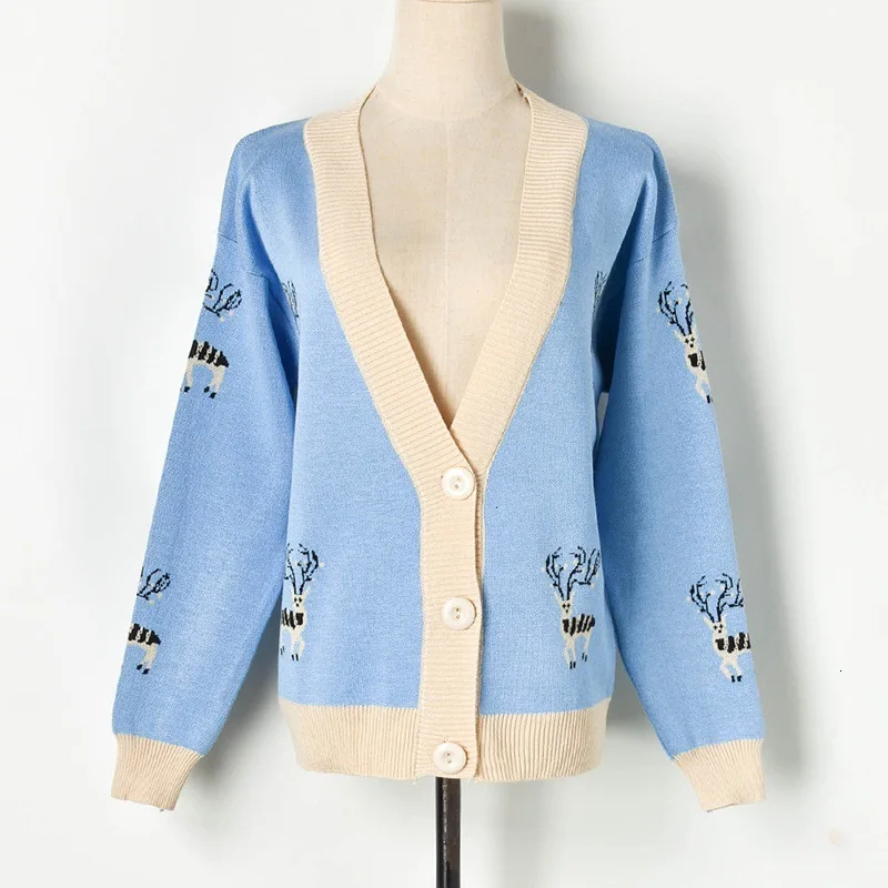 Blue (Elk) cardigan Новое поступление хит цвет жаккард переплетение Милу вязание кардиган Свободное пальто женщина G90819 - Цвет: Blue (Elk) cardigan