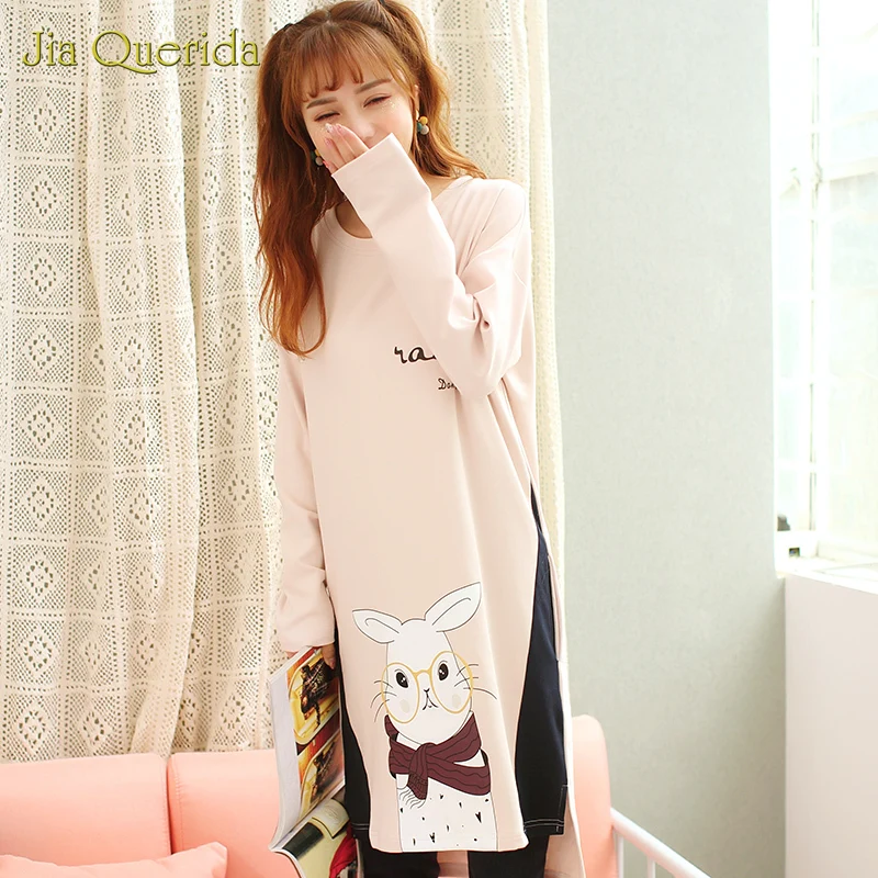 Cute Pyjamas Spring New Punny Pringting Pajama Set for Women Longshirt O-collar Long Sleeves Pants Cotton Loose Weight Pijamas