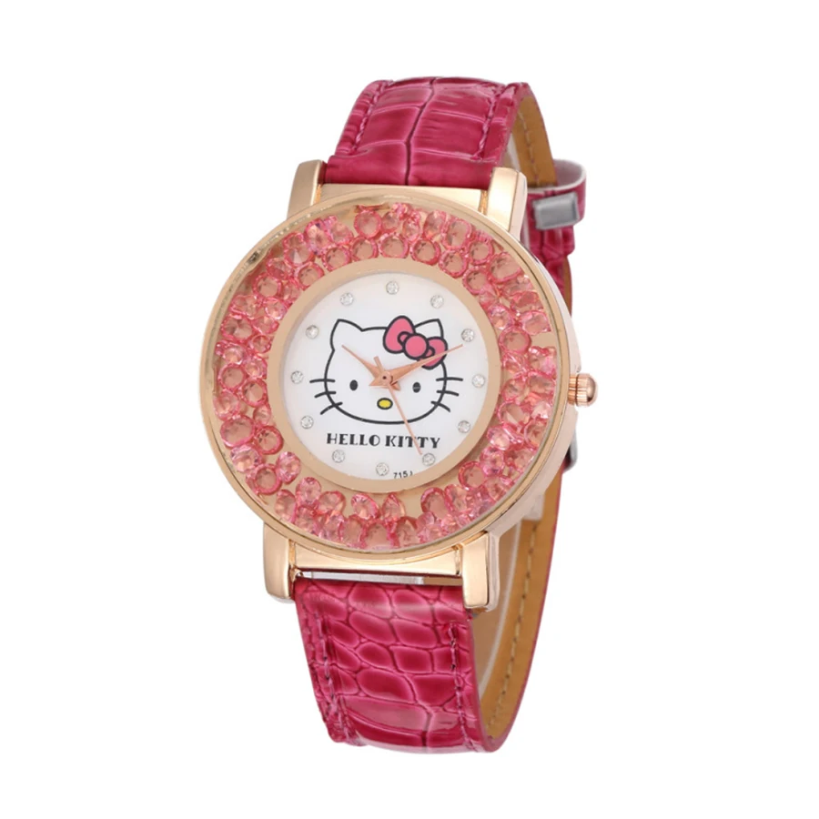 Детские часы hello kitty, повседневные модные часы с кристаллами и циферблатом для девочек, милые стразы, кварцевые часы для девочек, детский подарок, Erkek Kol Saati - Цвет: Розовый