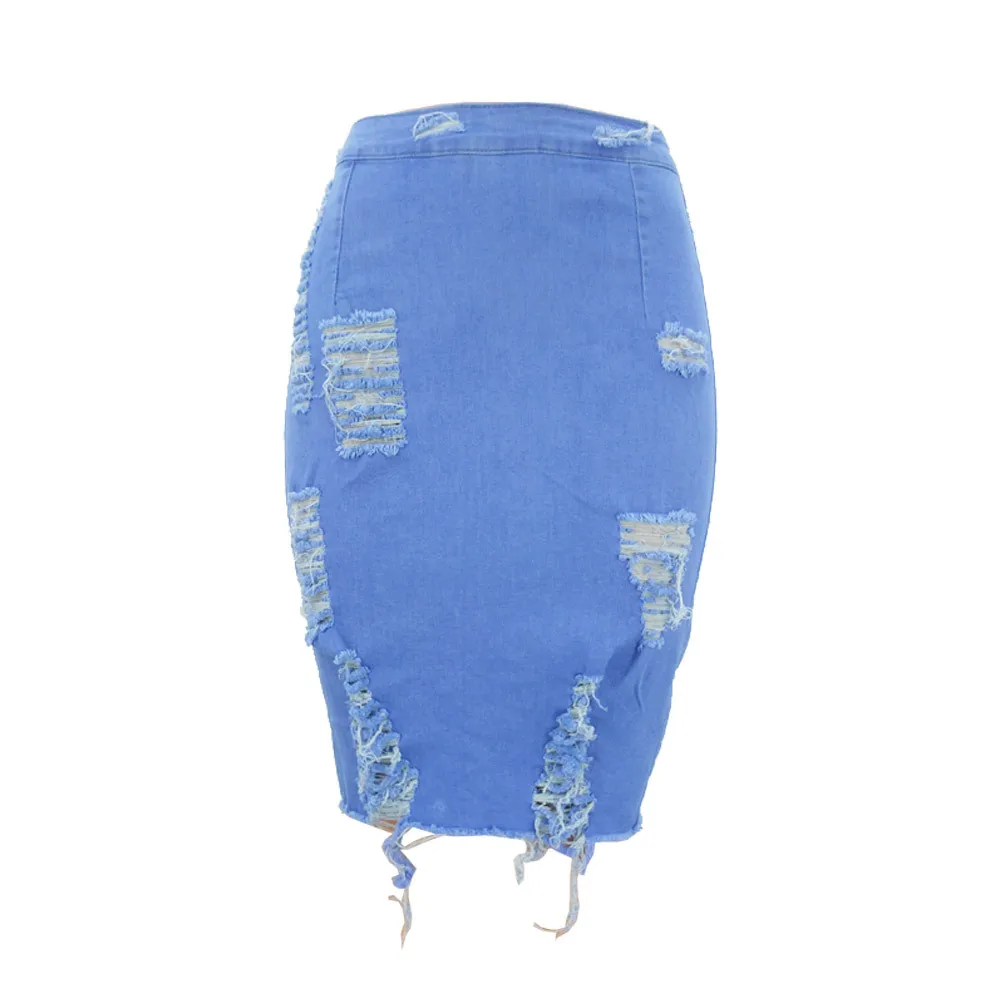 Эластичная рваная джинсовая юбка женская летняя светло-синяя Повседневная джинсовая юбка с высокой талией сексуальная юбка-карандаш - Цвет: Небесно-голубой