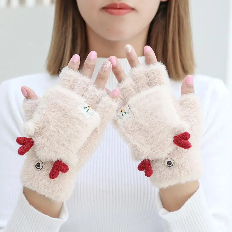 New Fashion Half-finger Gloves Ladies Winter Plus Velvet Outdoor Cycling Sports Office Warmth Cute Antlers Flip Knitted Gloves