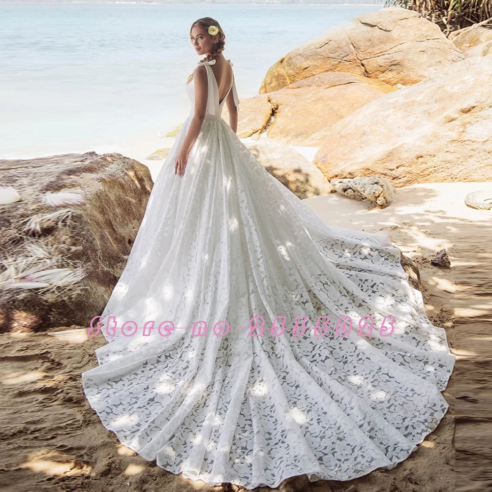 Атласные кружевные свадебные платья а-силуэта Vestidos De Noiva Renda сексуальные свадебные платья с глубоким v-образным вырезом на спине и бантом