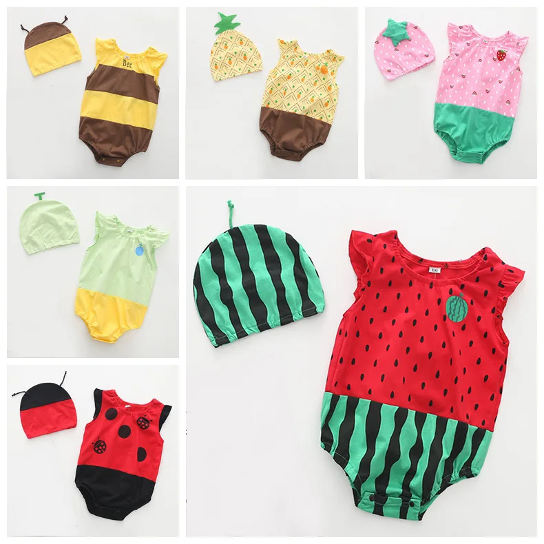 

Baby Romper Cotton Cartoon Watermelon Crawling Clothes One Piece Thin Triangular Set Send Hat