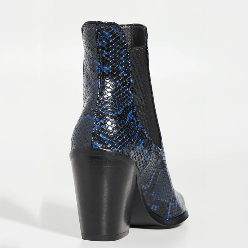 Blue Snake Embossed Texture Booties High Heels Pointed Toe Woman Elastic Large Size 13 15 Lady Fashion Shoes Ankle Boots Shofoo