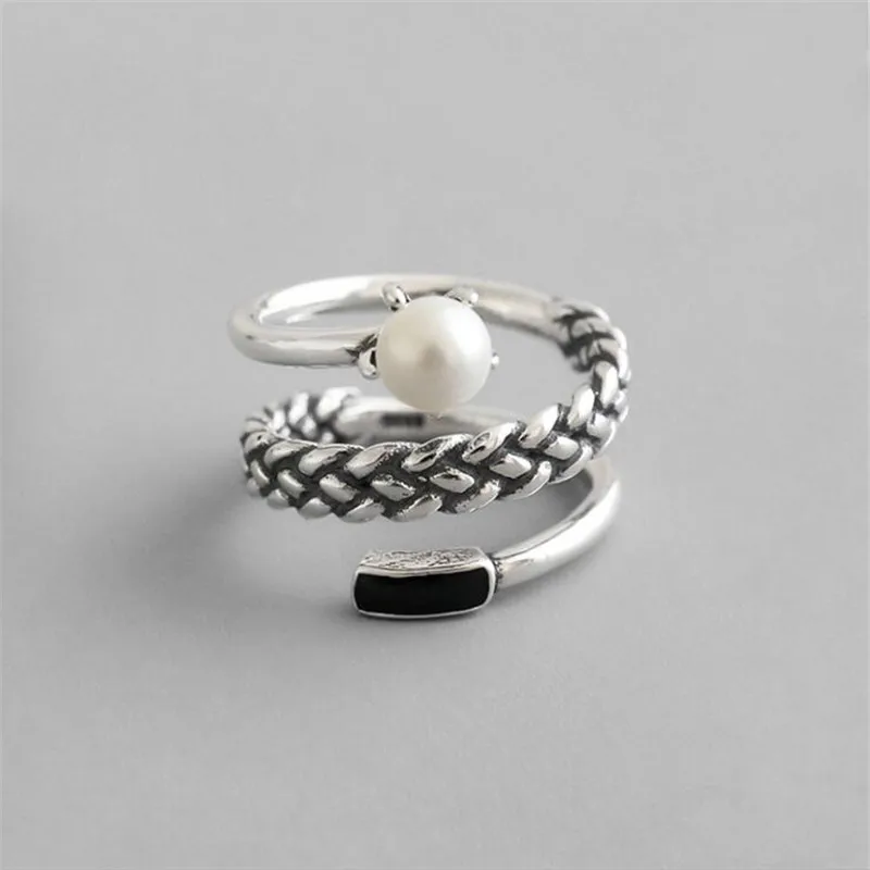 European Style New Women Snake Pattern 925 Sterling Silver Jewelry Retro Personality Pearl Fashion Opening Rings SR437 |