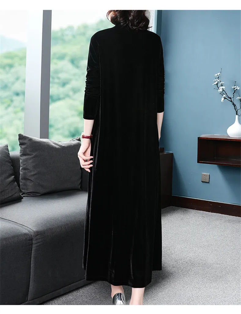 Для женщин длинное, утепленное бархатное платье осеннее китайское платье Стиль в винтажном стиле с воротником-стойкой и велюровое платье Платье для вечеринки размера плюс M-8XL