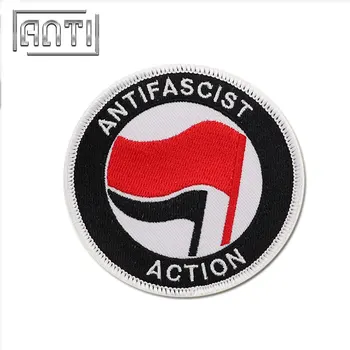 

custom embroidery black color white red Flag ANTIFASCIST ACTION circular patches