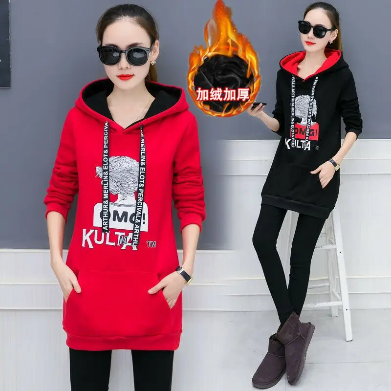 2019 Autumn and winter new large women's mid length Hooded thickened Plush loose coat bts Hoodies Sweatshirts kpop harajuku | Женская