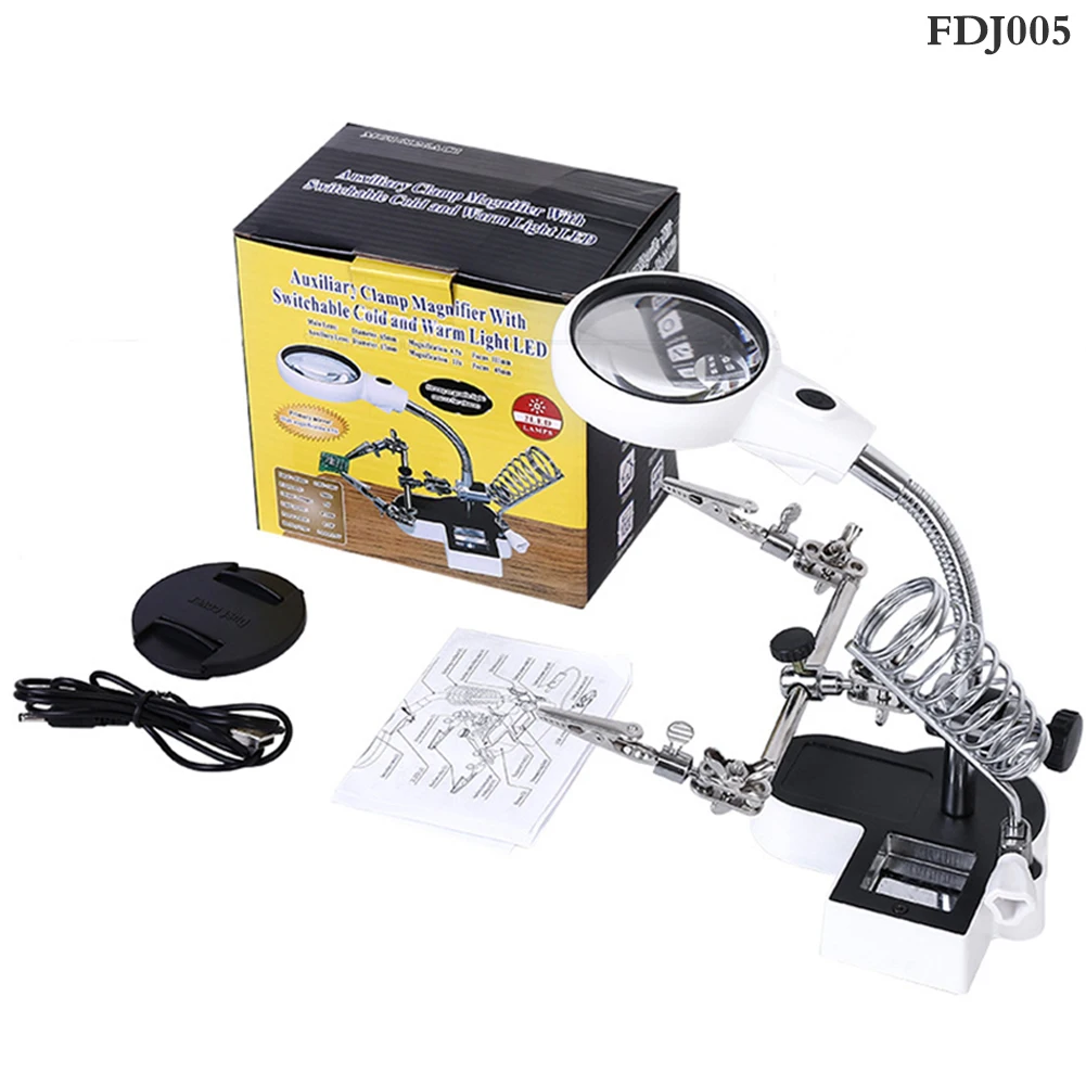 Soldering Iron Welding Magnifying Glass 2 LED 3X 4.5X 25X Helping Hand Rework Magnifier with 3 Tools Boxes Desk Station Repair