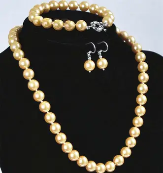 

10mm Golden Shell Pearl Necklace Bracelet Earrings Set AAA Grade