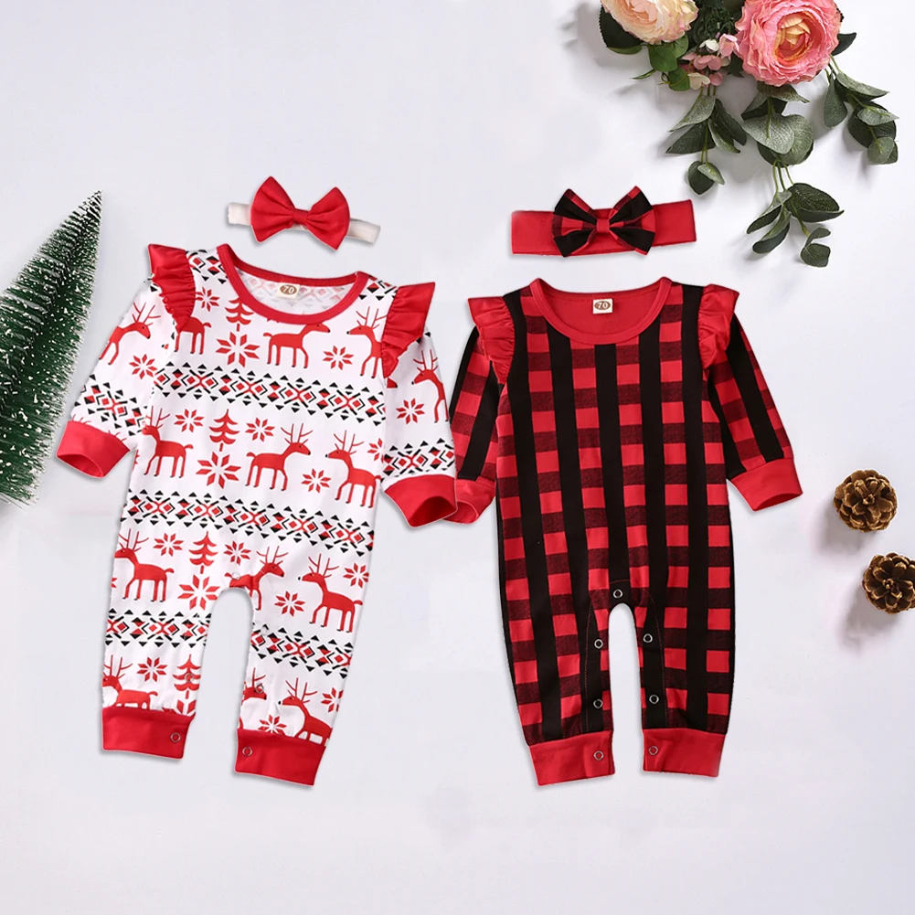 My 1st Christmas/Красный Клетчатый комбинезон с принтом оленя для маленьких девочек, комбинезон, комплект рождественской одежды на возраст от 0 до 18 месяцев