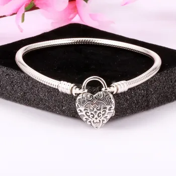 

100% 925 Sterling Silver Pan Bracelet Shiny Heart-shaped Texture Chain Pan Bracelet Fit European Charm Bracelets Women Jewelry