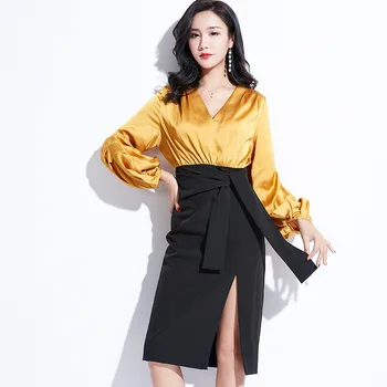 

2020 women 2019 autumn new women's Korean retro skirt waist was thin contrast color round neck big swing dress women