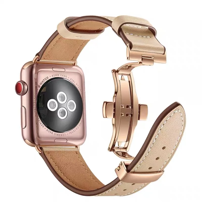 Кожаный ремешок для наручных часов Apple Watch Series 5 4 44 мм 40 мм розовое золото Butterflyclasp ремешок для iWatch, версия 3, 2/42 мм, 38 мм, высокое качество - Цвет ремешка: Хаки