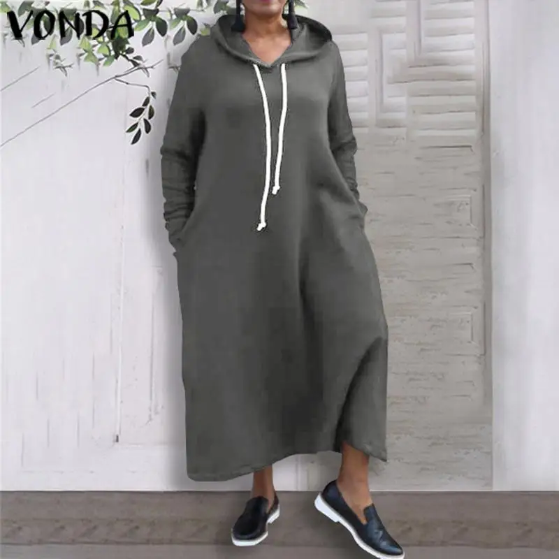 

2020 Autumn Winter Women Hooded Maternity Sweatshirt Dresses VONDA Long Sleeve Thick Hoodies Sweatshirts Vestidos 5XL Robe