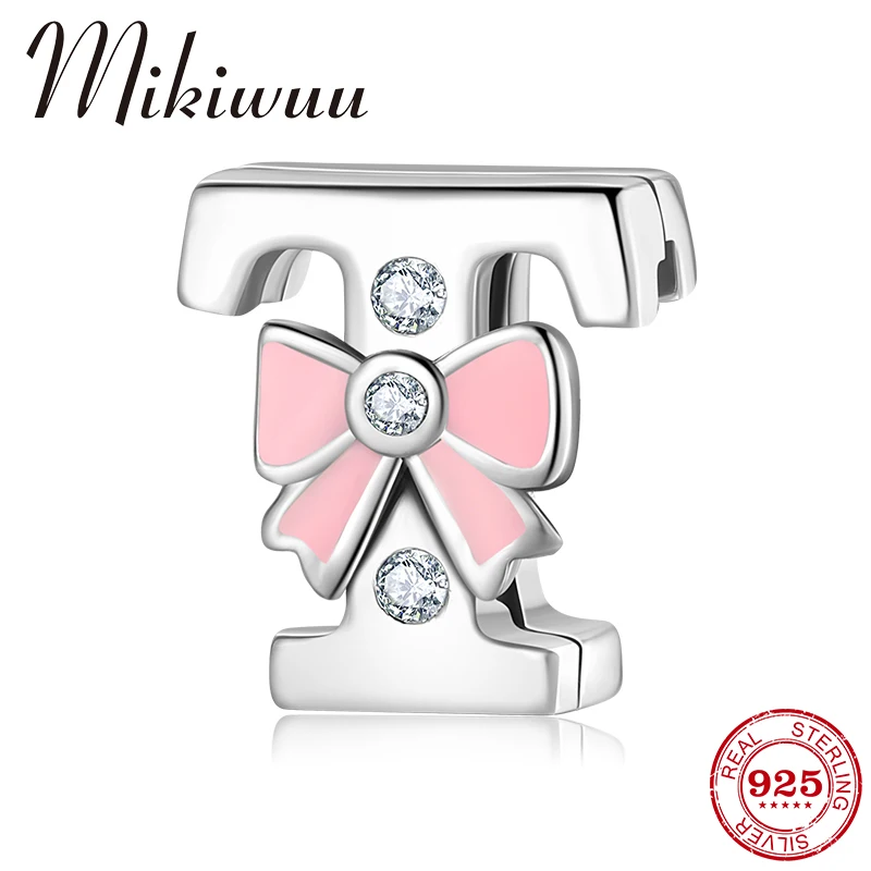 

925 Sterling Silver Letter T Pink Bow Beads fit Reflection Charm Silver 925 Original Crystal CZ Clips Charms Fine Jewelry Making