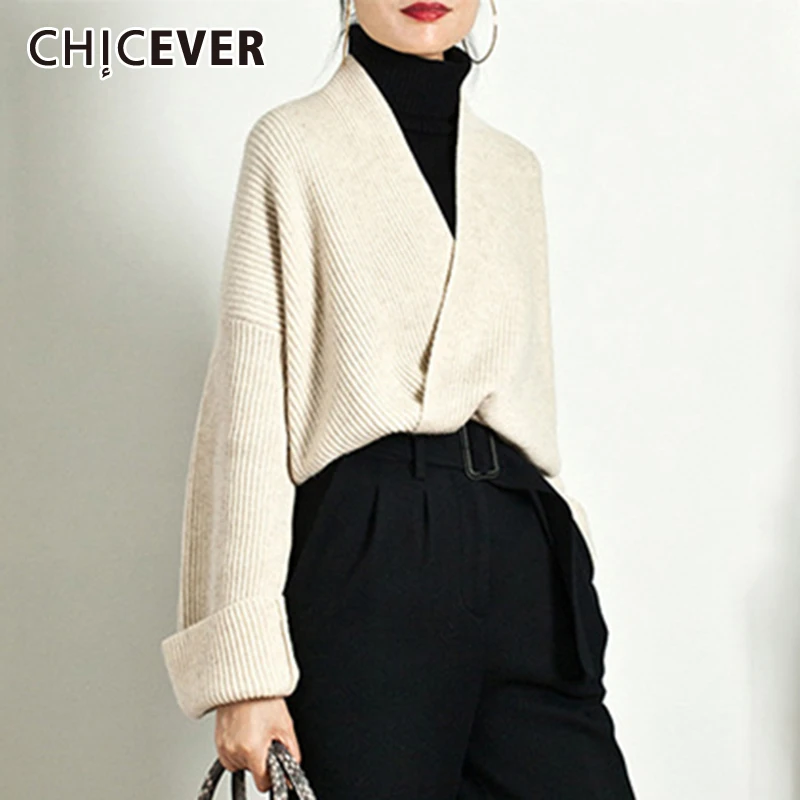 

CHICEVER Apricot Sweater For Women V Neck Long Sleeve Knitting Thick Pullovers Loose Sweaters Female 2020 Autumn Fashion Clothes