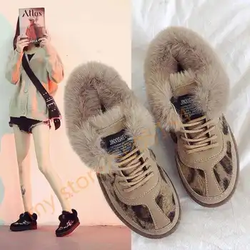 

Women New Snow Boots Brocken Shoes Winter Fur Plush Leopard Cotton Warm Ankle Boots Female Lace-Up Casual Zapatos De Mujer
