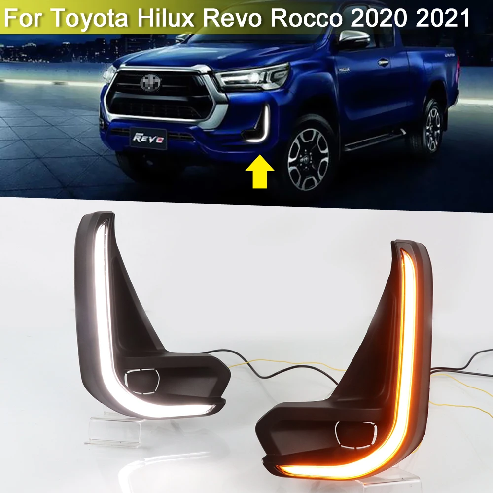 

LED Fog Warning Lamp White DRL Daytime Light Dynamic Turn Signal Lights For Toyota Hilux Revo Rocco 2020 2021