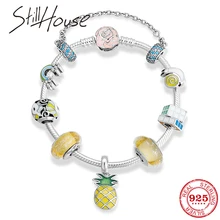 925 пробы Серебряные Красочные эмалированные подвески с муранскими бусинами ананас очаровательный браслет для женщин браслет ювелирные изделия подарок