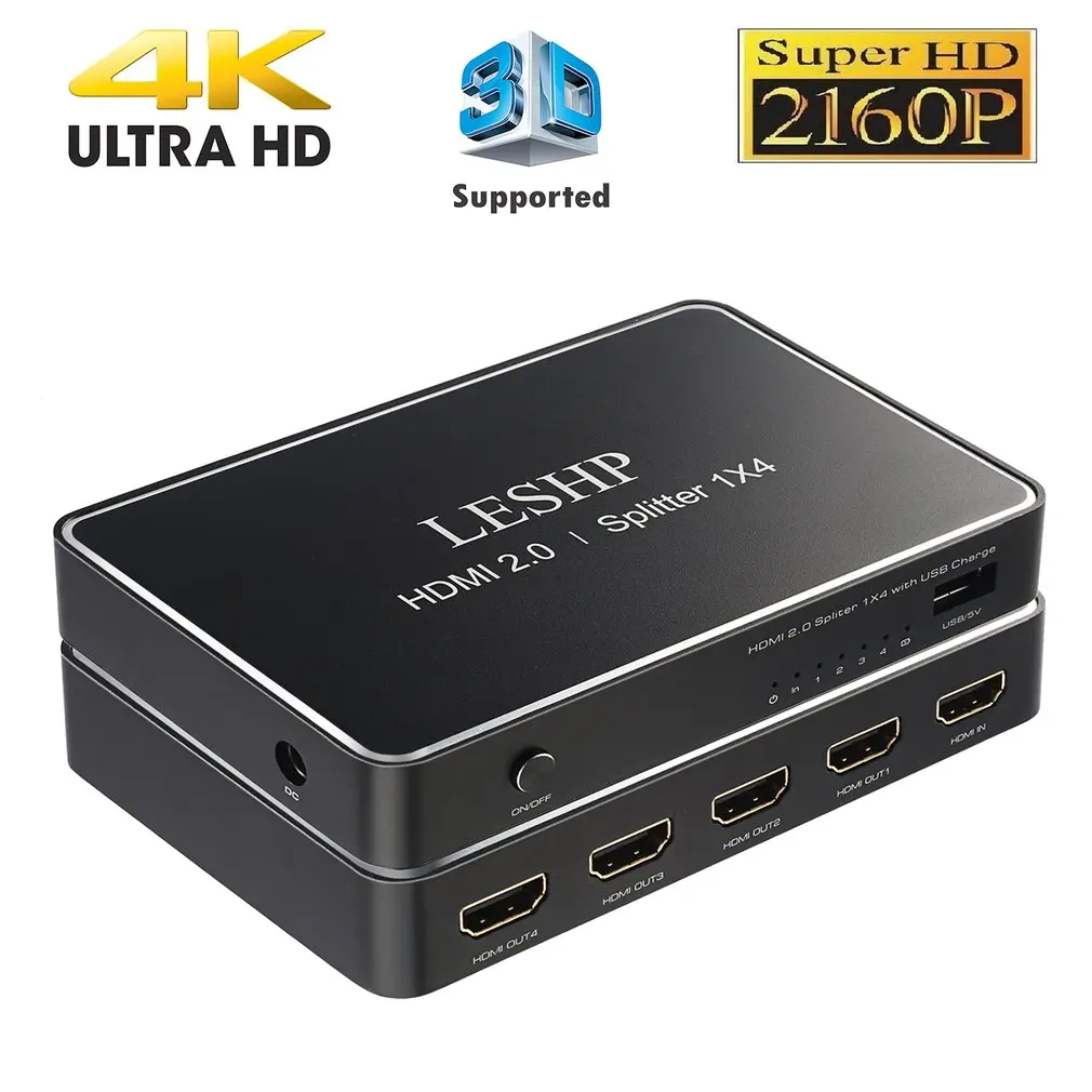 LESHP 1 Port HDMI Input 4 Port HDMI Output HDMI 2.0 Splitter With USB Charge Support 1080P 3D Compliant HDMI 2.0 HDCP 2.2 NEW