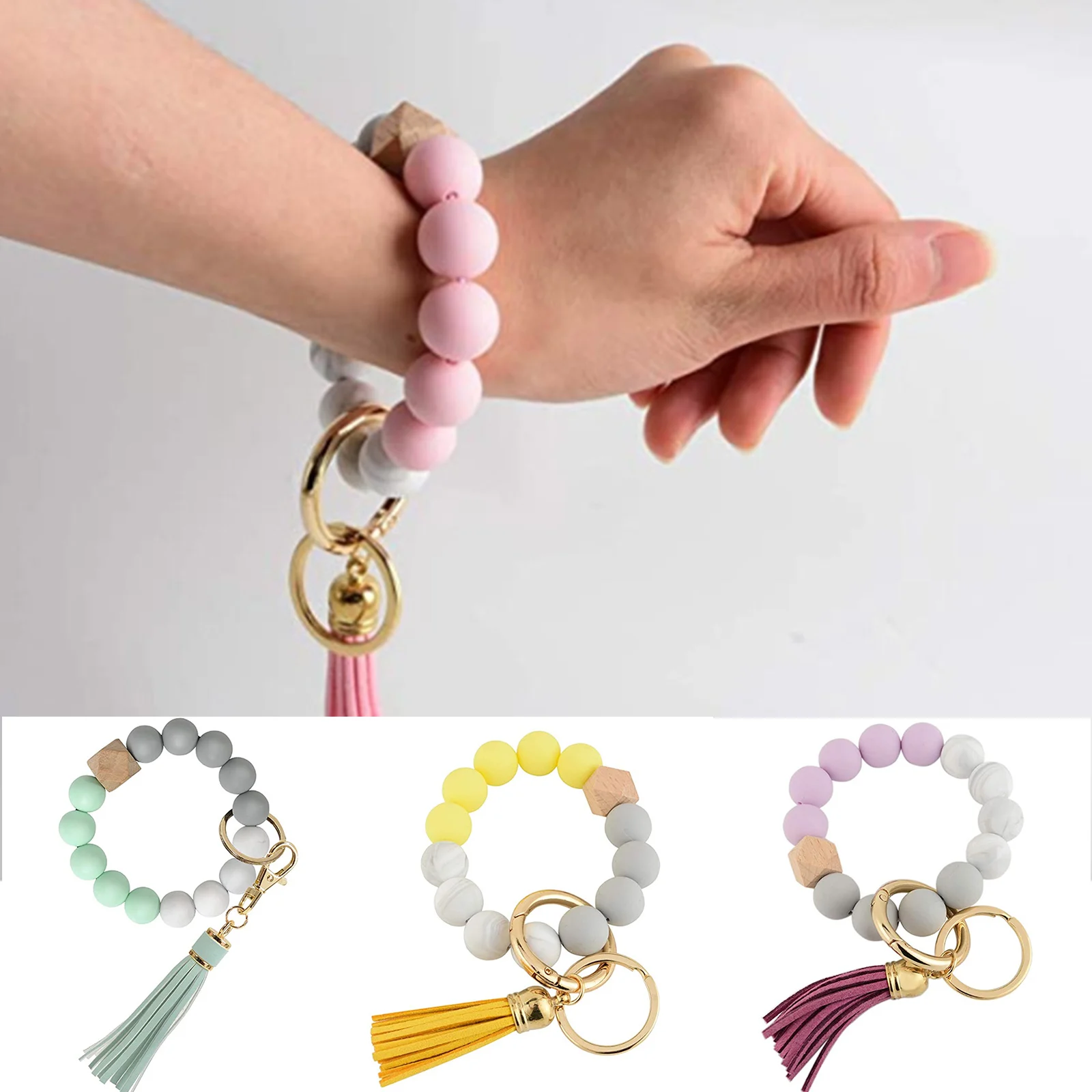 Portable House Car Keys Ring Holder Elastic Beaded Silicone Bracelet