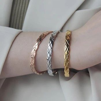 

Narrow Geometric Crush Bangle Yellow Gold No Zircon Stone Cross Lozenge Cuff Bracelet Women Wedding Brand Jewelry